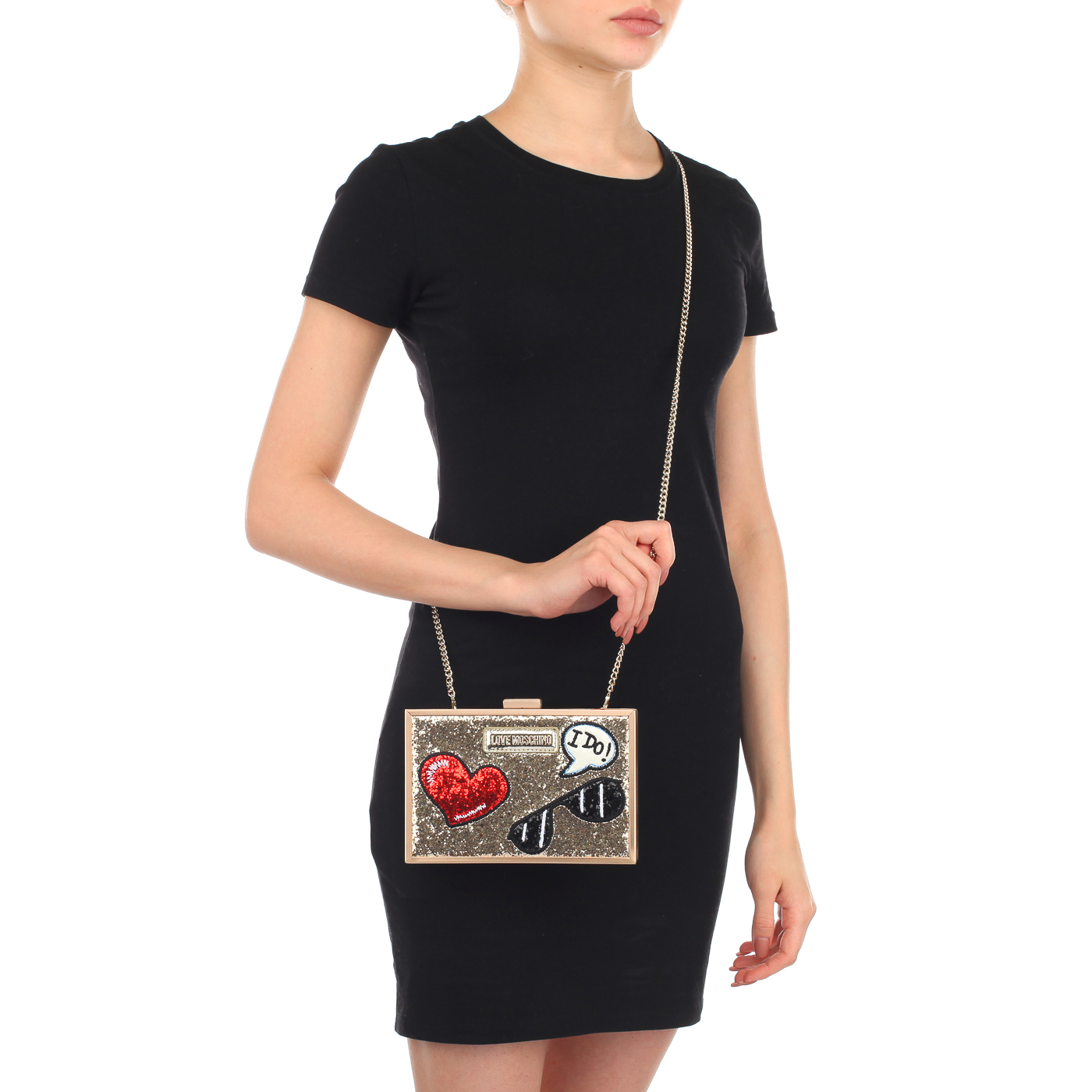 Золотистая женская сумочка с плечевой цепочкой Love Moschino Sparkling