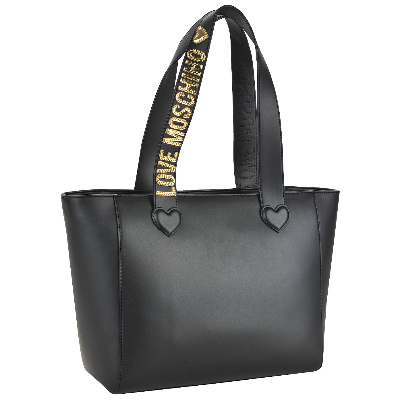 Вместительная черная сумка с длинными ручками и с золотой аппликацией Love Moschino Gold heart